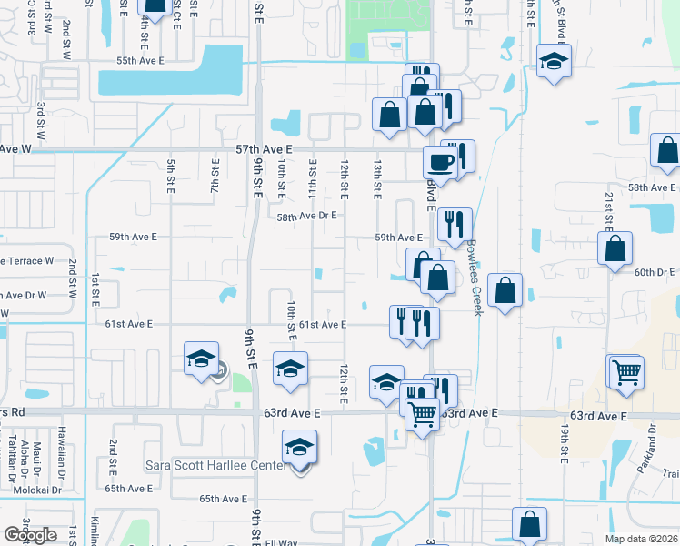 map of restaurants, bars, coffee shops, grocery stores, and more near 1116 59th Avenue Drive East in Bradenton