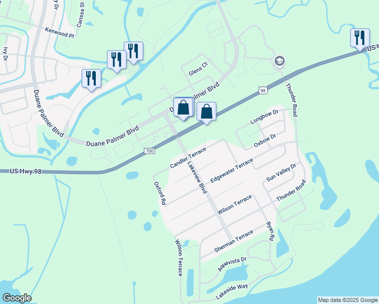 map of restaurants, bars, coffee shops, grocery stores, and more near 6125 Candler Terrace in Sebring