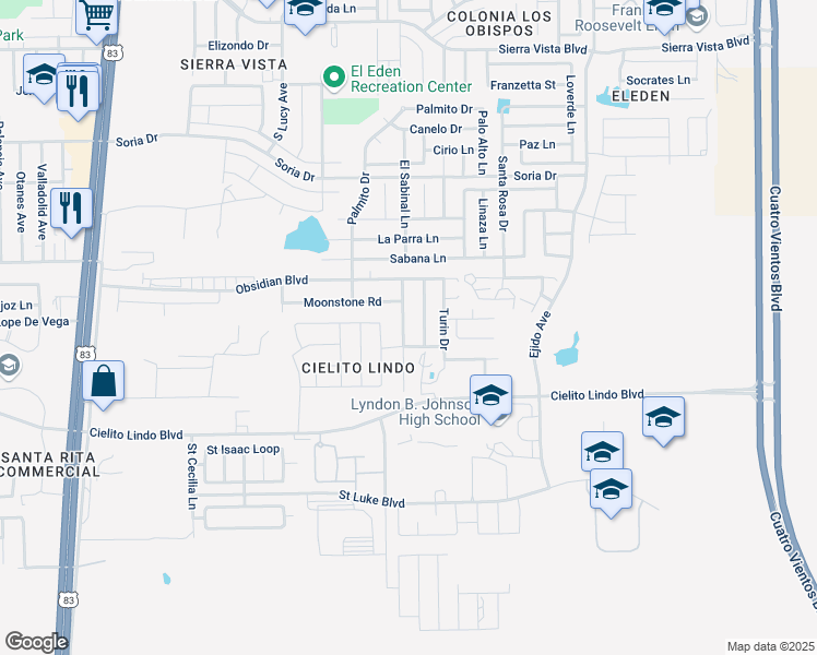 map of restaurants, bars, coffee shops, grocery stores, and more near 5225 Pearl Stone Road in Laredo