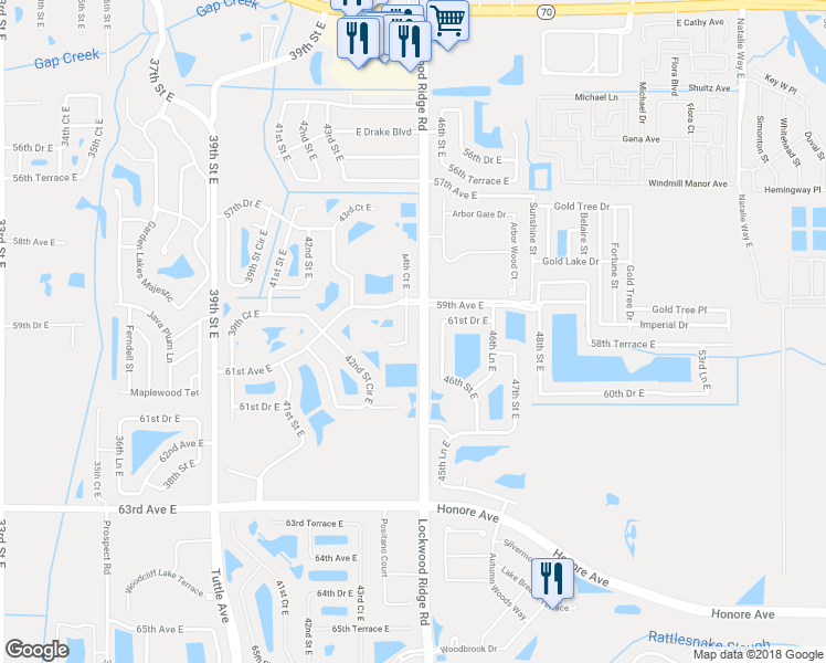 map of restaurants, bars, coffee shops, grocery stores, and more near 6121 44th Court East in Bradenton
