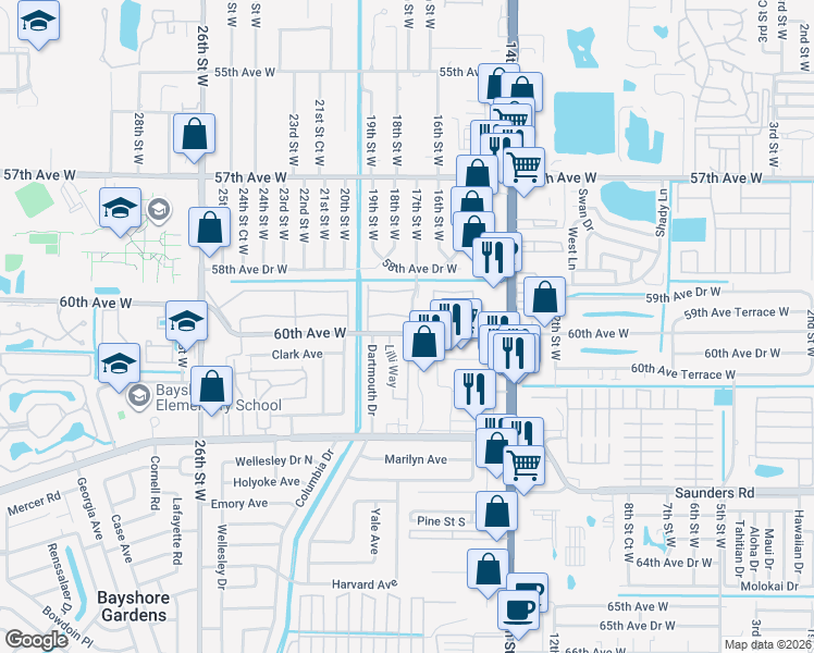 map of restaurants, bars, coffee shops, grocery stores, and more near 1827 60th Avenue West in Bradenton