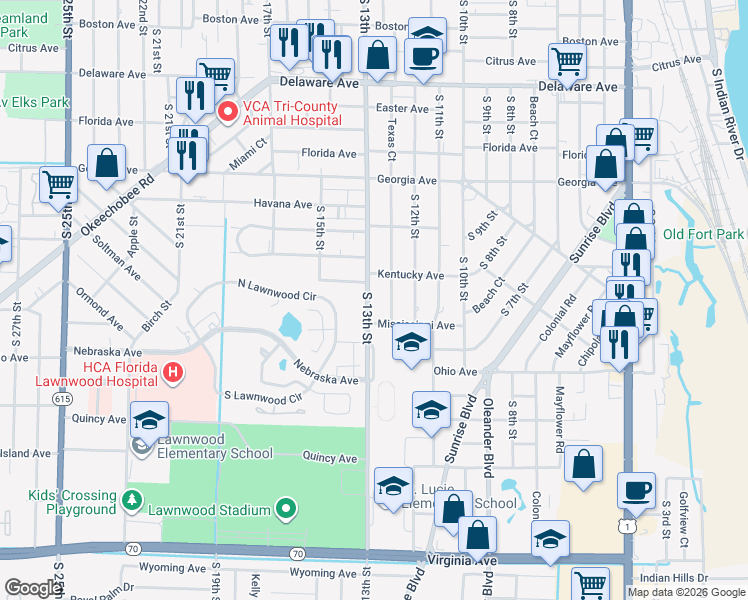 map of restaurants, bars, coffee shops, grocery stores, and more near 1306 South 13th Street in Fort Pierce