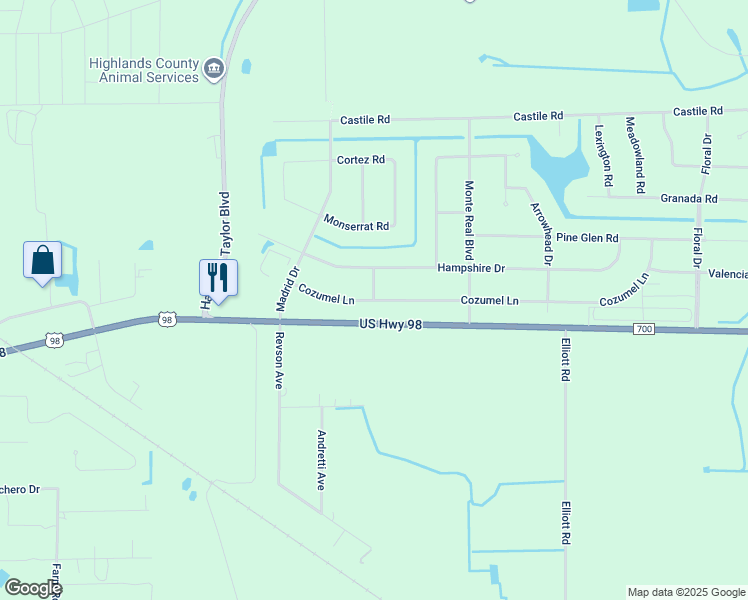map of restaurants, bars, coffee shops, grocery stores, and more near 8400 Cozumel Lane in Sebring