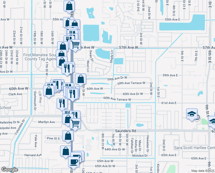 map of restaurants, bars, coffee shops, grocery stores, and more near 903 60th Avenue West in Bradenton