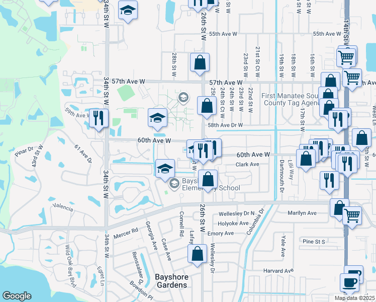 map of restaurants, bars, coffee shops, grocery stores, and more near 6023 27th Street West in Bradenton
