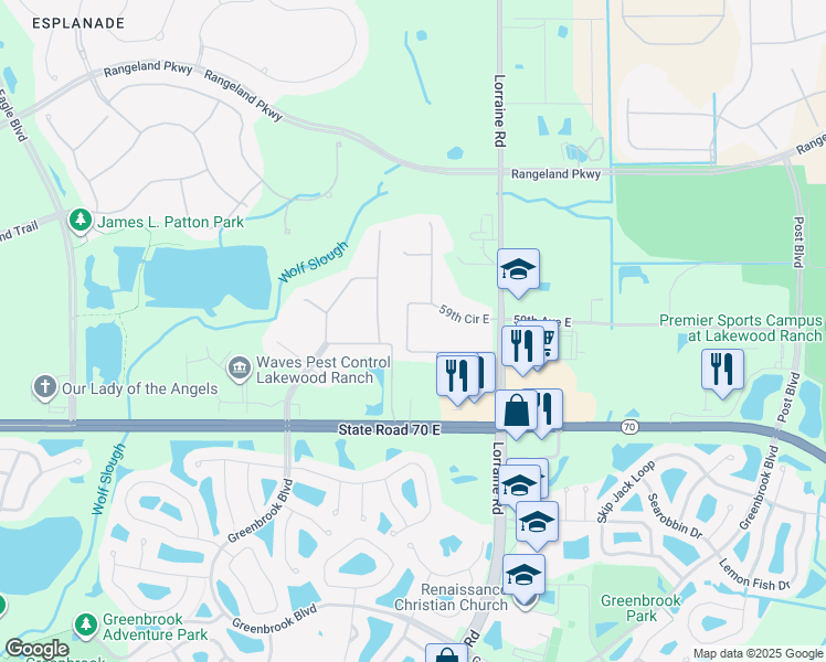 map of restaurants, bars, coffee shops, grocery stores, and more near 14359 59th Circle East in Bradenton
