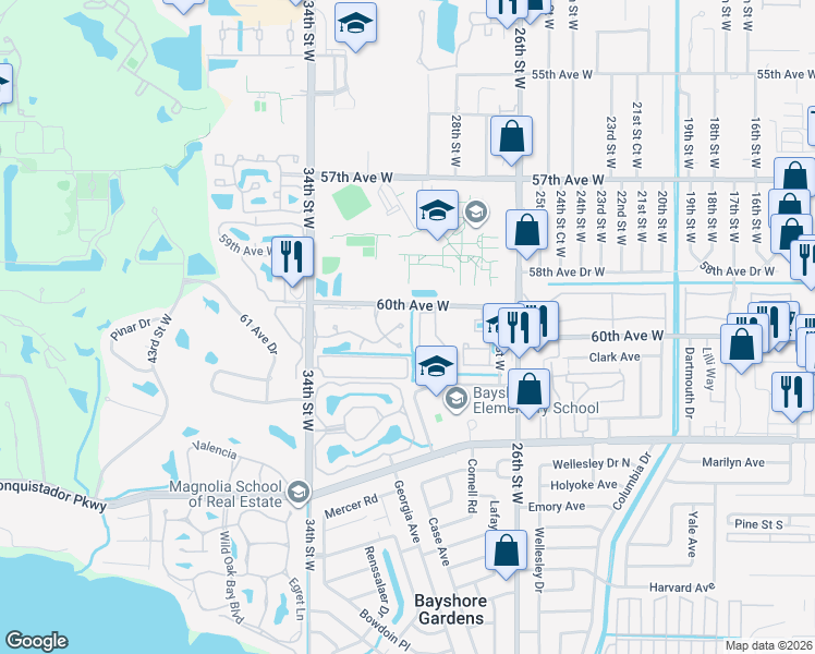 map of restaurants, bars, coffee shops, grocery stores, and more near 3002 Vivienda Boulevard in Bradenton