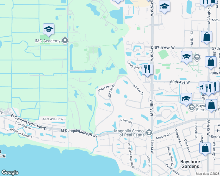 map of restaurants, bars, coffee shops, grocery stores, and more near 5900-5950 43rd Street West in Bradenton
