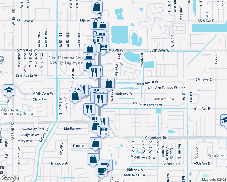 map of restaurants, bars, coffee shops, grocery stores, and more near 5935 12th Street West in Bradenton