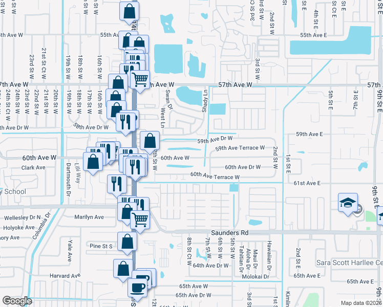 map of restaurants, bars, coffee shops, grocery stores, and more near 903 60th Avenue West in Bradenton