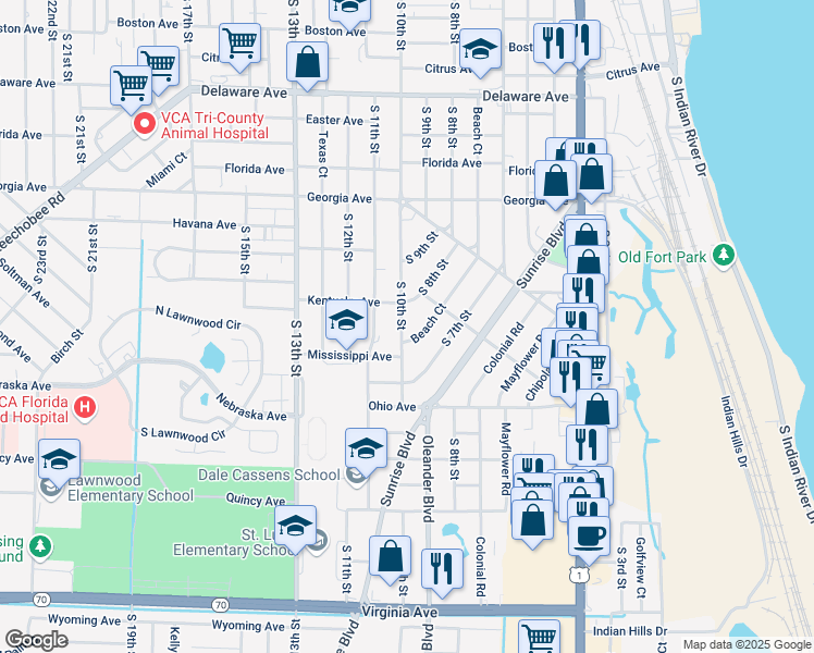 map of restaurants, bars, coffee shops, grocery stores, and more near 1113 Beach Court in Fort Pierce
