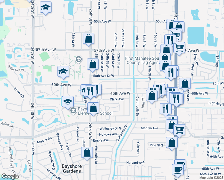 map of restaurants, bars, coffee shops, grocery stores, and more near 2213 Flamingo Boulevard in Bradenton