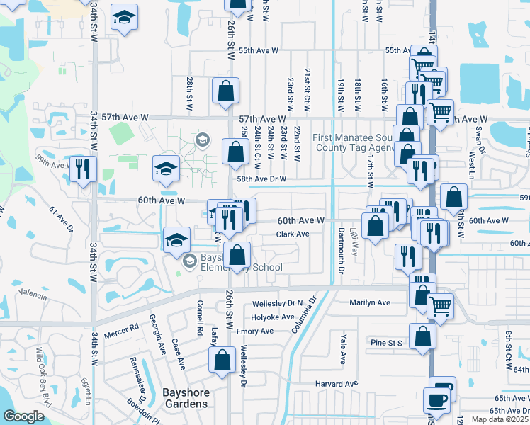 map of restaurants, bars, coffee shops, grocery stores, and more near 2357 60th Avenue West in Bradenton