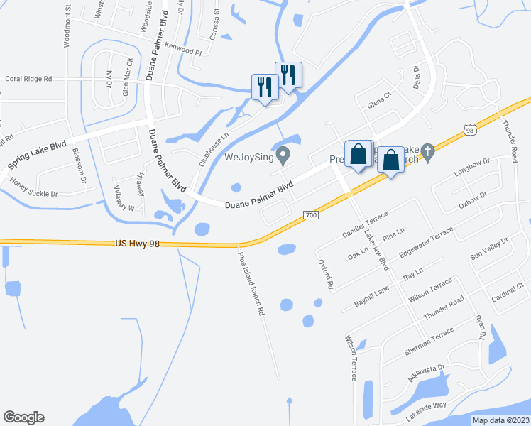 map of restaurants, bars, coffee shops, grocery stores, and more near 123 Friendly Circle in Sebring