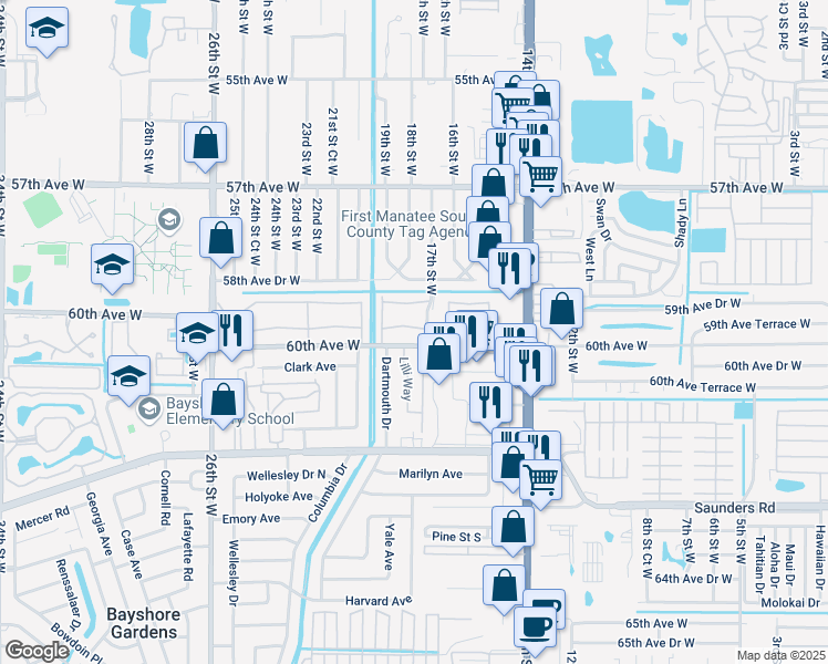 map of restaurants, bars, coffee shops, grocery stores, and more near 1827 60th Avenue West in Bradenton