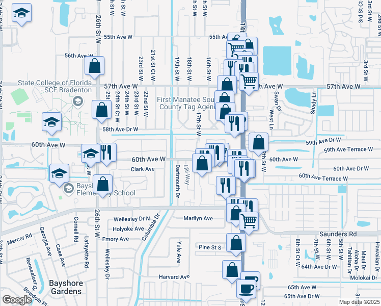 map of restaurants, bars, coffee shops, grocery stores, and more near 1841 60th Avenue West in Bradenton