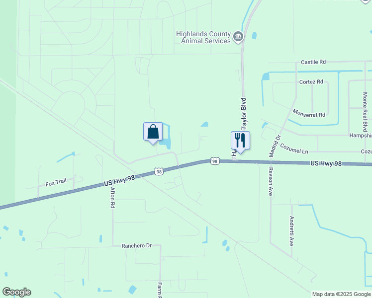 map of restaurants, bars, coffee shops, grocery stores, and more near 201 Commercial Court in Sebring