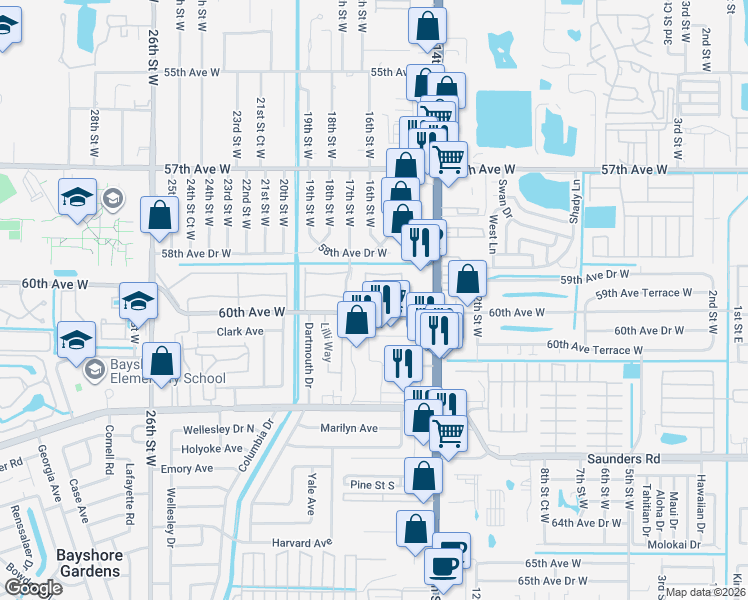 map of restaurants, bars, coffee shops, grocery stores, and more near 1603 60th Avenue West in Bradenton