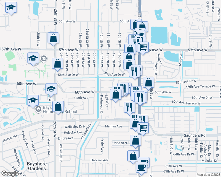 map of restaurants, bars, coffee shops, grocery stores, and more near 1827 60th Avenue West in Bradenton