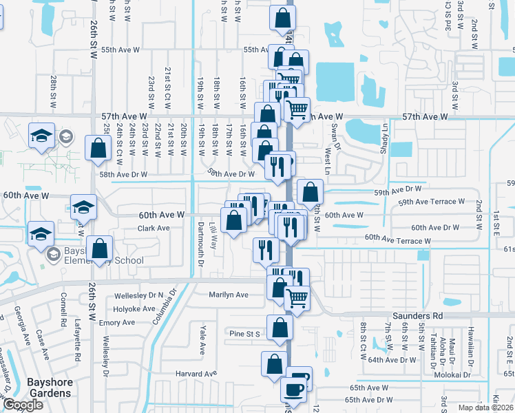map of restaurants, bars, coffee shops, grocery stores, and more near 1603 60th Avenue West in Bradenton
