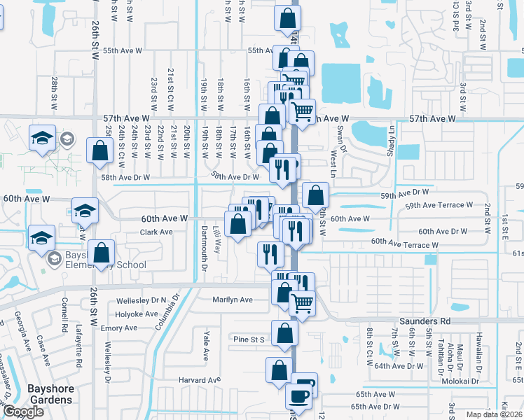 map of restaurants, bars, coffee shops, grocery stores, and more near 1603 60th Avenue West in Bradenton