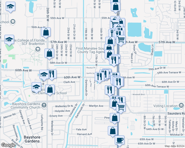 map of restaurants, bars, coffee shops, grocery stores, and more near 1827 60th Avenue West in Bradenton
