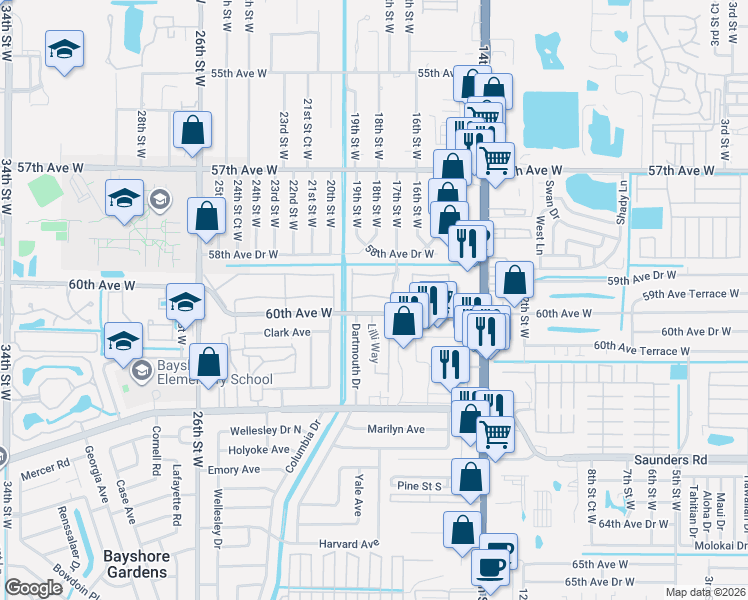 map of restaurants, bars, coffee shops, grocery stores, and more near 1827 60th Avenue West in Bradenton