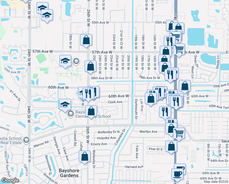 map of restaurants, bars, coffee shops, grocery stores, and more near 2213 Flamingo Boulevard in Bradenton