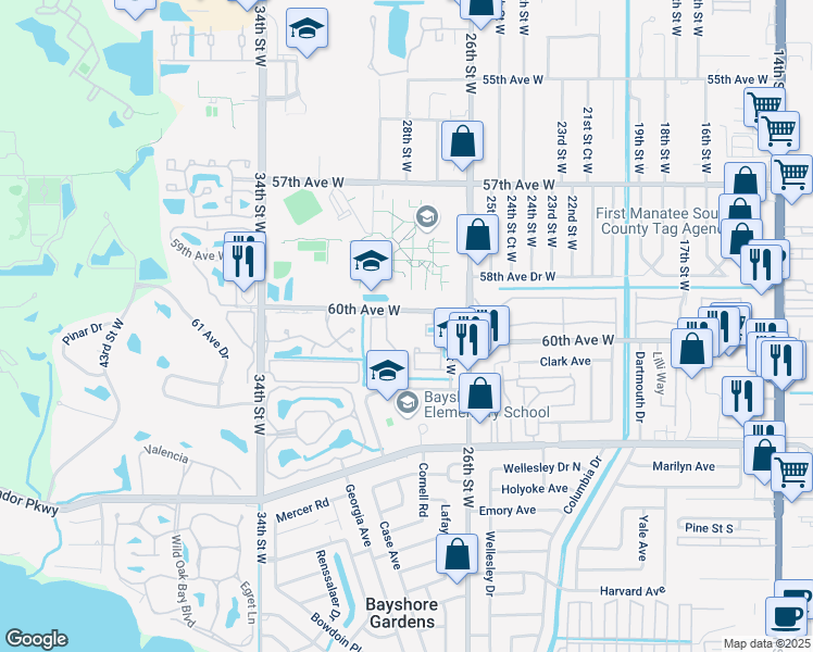 map of restaurants, bars, coffee shops, grocery stores, and more near 2800 60th Avenue West in Bradenton