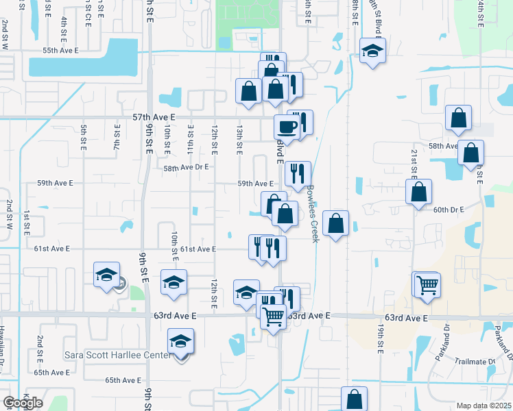 map of restaurants, bars, coffee shops, grocery stores, and more near 5929 13th St Ct E in Bradenton