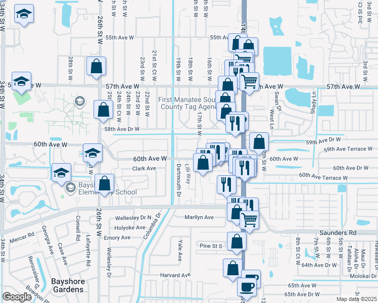 map of restaurants, bars, coffee shops, grocery stores, and more near 1827 60th Avenue West in Bradenton