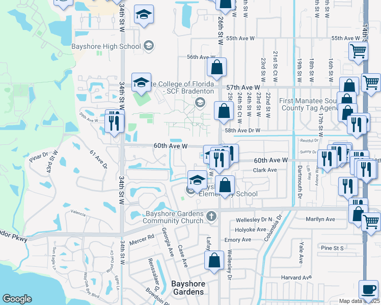 map of restaurants, bars, coffee shops, grocery stores, and more near 2800 60th Avenue West in Bradenton