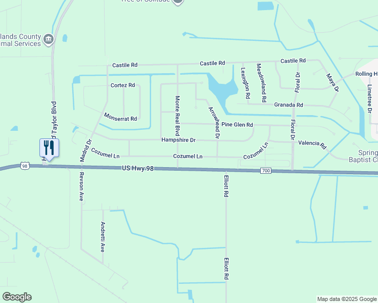 map of restaurants, bars, coffee shops, grocery stores, and more near 8400-8598 Cozumel Lane in Sebring