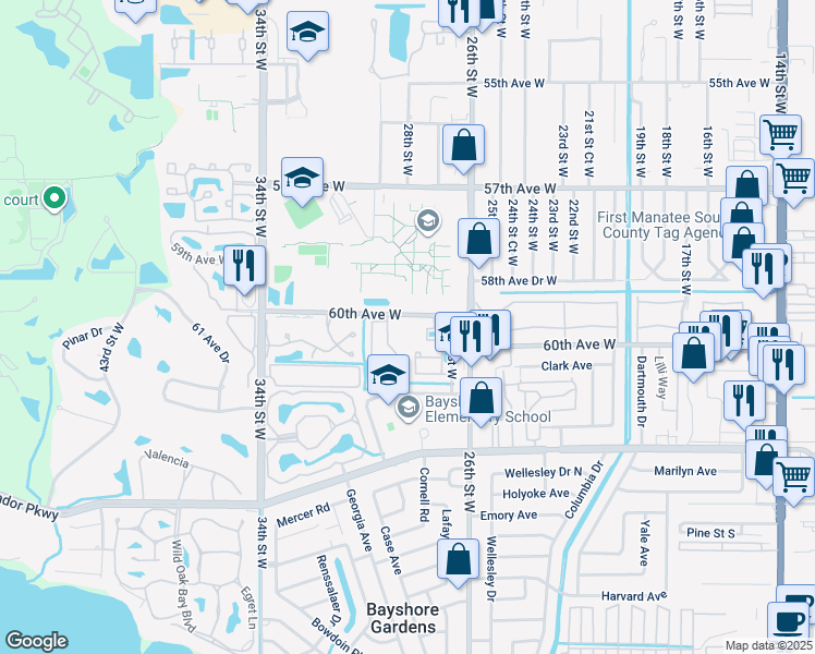 map of restaurants, bars, coffee shops, grocery stores, and more near 2800 60th Avenue West in Bradenton