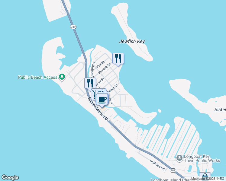 map of restaurants, bars, coffee shops, grocery stores, and more near 620 Hibiscus Way in Longboat Key