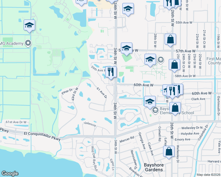 map of restaurants, bars, coffee shops, grocery stores, and more near 6050 34th Street West in Bradenton