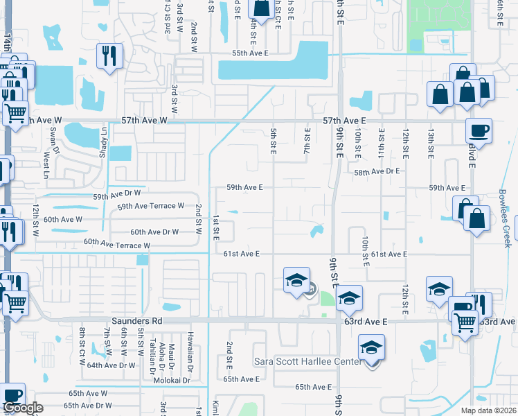 map of restaurants, bars, coffee shops, grocery stores, and more near 412 60th Avenue East in Bradenton