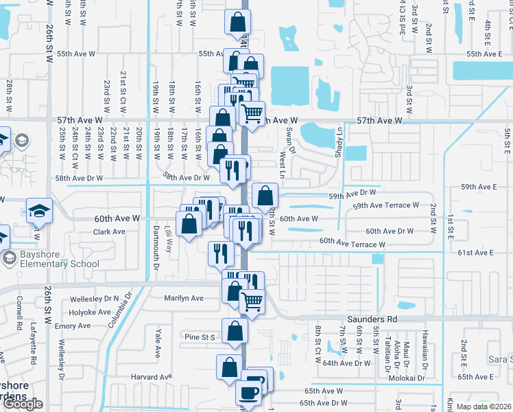 map of restaurants, bars, coffee shops, grocery stores, and more near in Bayshore Gardens