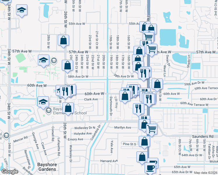 map of restaurants, bars, coffee shops, grocery stores, and more near 1841 60th Avenue West in Bradenton