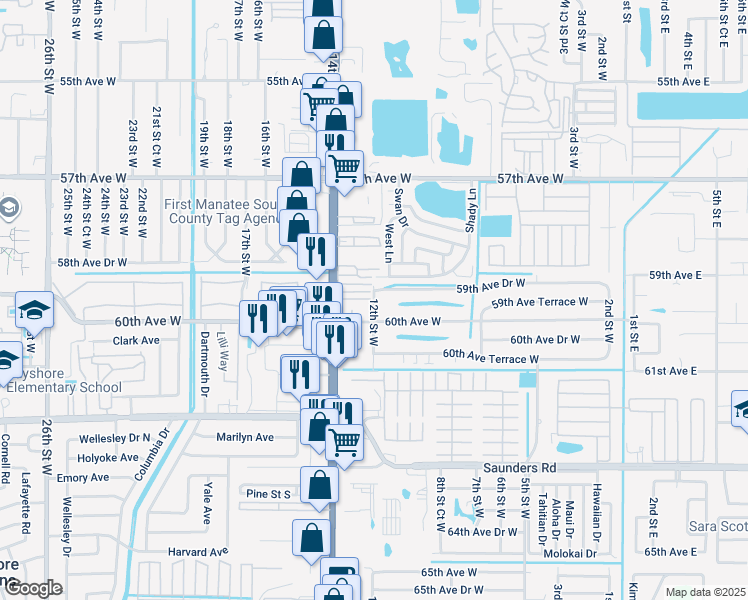 map of restaurants, bars, coffee shops, grocery stores, and more near 5935 12th Street West in Bradenton