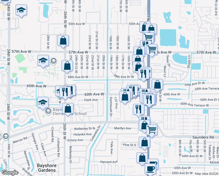 map of restaurants, bars, coffee shops, grocery stores, and more near 1841 60th Avenue West in Bradenton