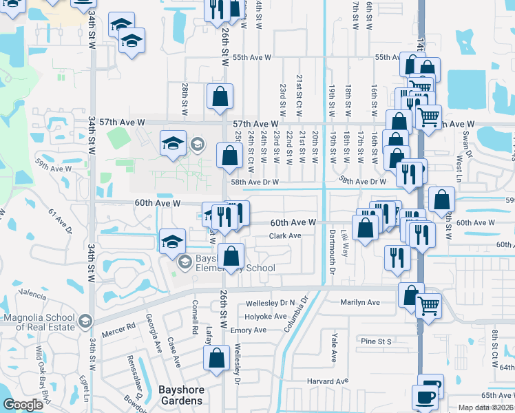 map of restaurants, bars, coffee shops, grocery stores, and more near 2308 Canal Drive in Bradenton