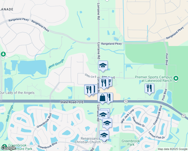 map of restaurants, bars, coffee shops, grocery stores, and more near 5808 Lorraine Road in Bradenton