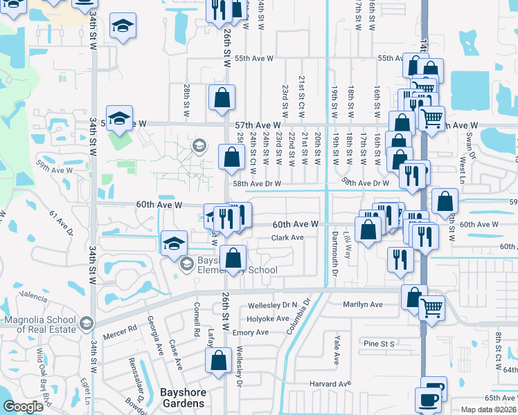 map of restaurants, bars, coffee shops, grocery stores, and more near 2308 Canal Drive in Bradenton