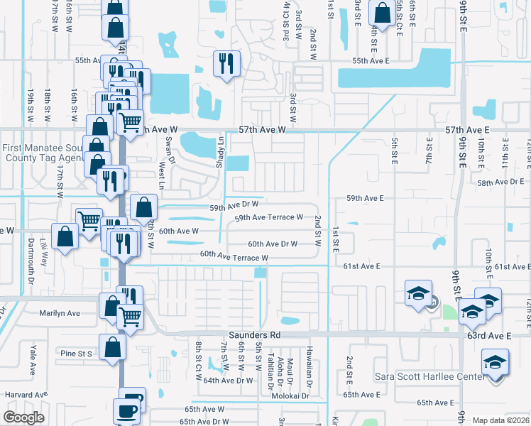 map of restaurants, bars, coffee shops, grocery stores, and more near 503 59th Avenue Terrace West in Bradenton