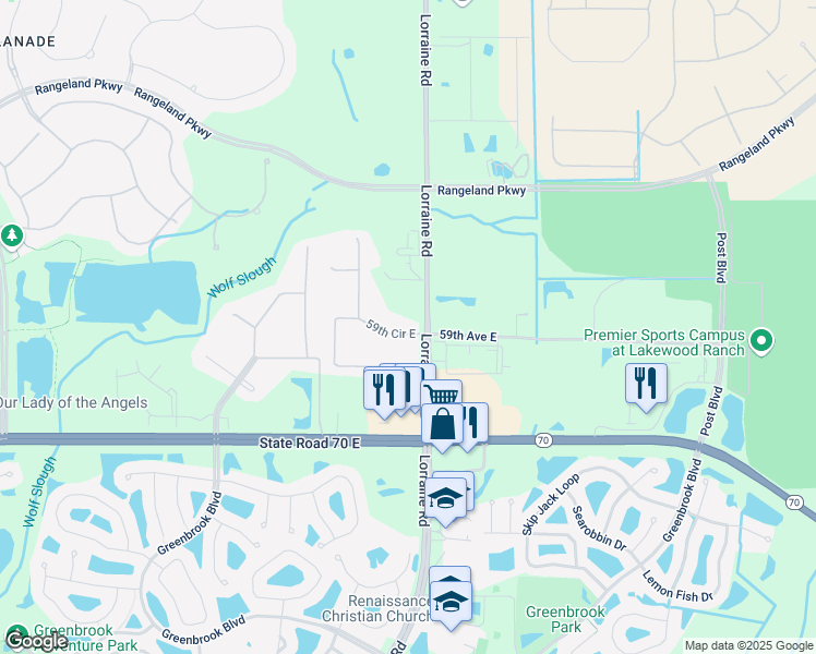 map of restaurants, bars, coffee shops, grocery stores, and more near 5808 Lorraine Road in Bradenton