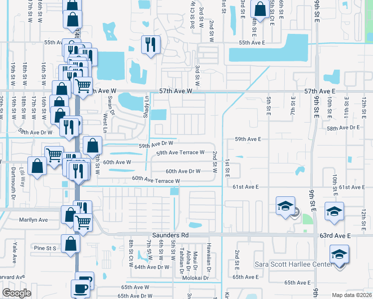 map of restaurants, bars, coffee shops, grocery stores, and more near 407 59th Avenue Drive West in Bradenton