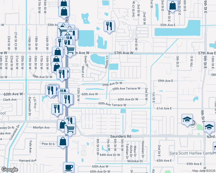 map of restaurants, bars, coffee shops, grocery stores, and more near 709 59th Avenue Drive West in Bradenton