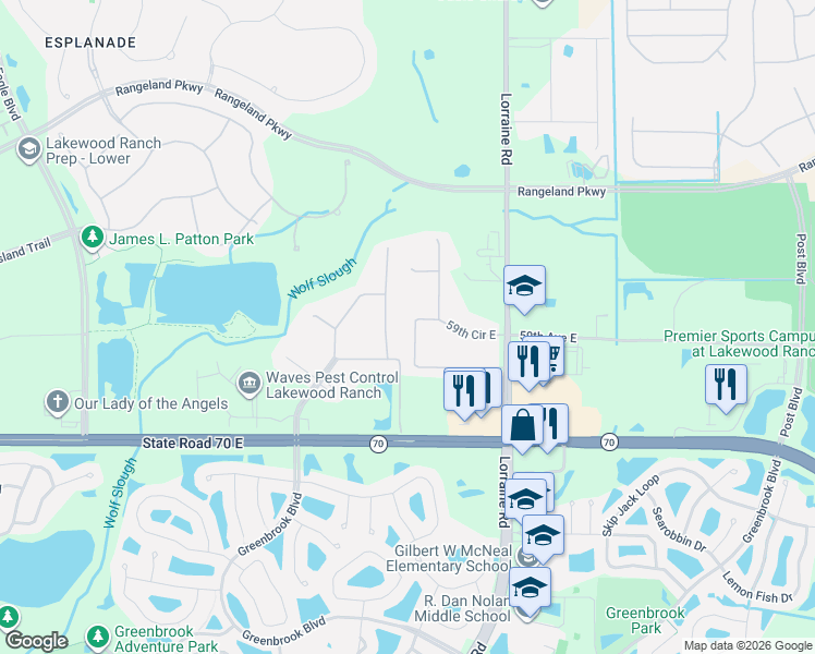 map of restaurants, bars, coffee shops, grocery stores, and more near 14323 59th Circle East in Bradenton