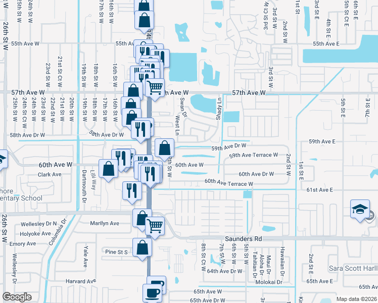 map of restaurants, bars, coffee shops, grocery stores, and more near 114 Shady Lane in Bradenton